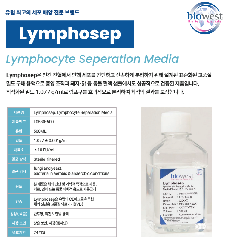 [--종료--][Biowest] PBMC 분리 필수템 Lymphosep (500ml) \'무료 샘플 100% 증정\' (선...
