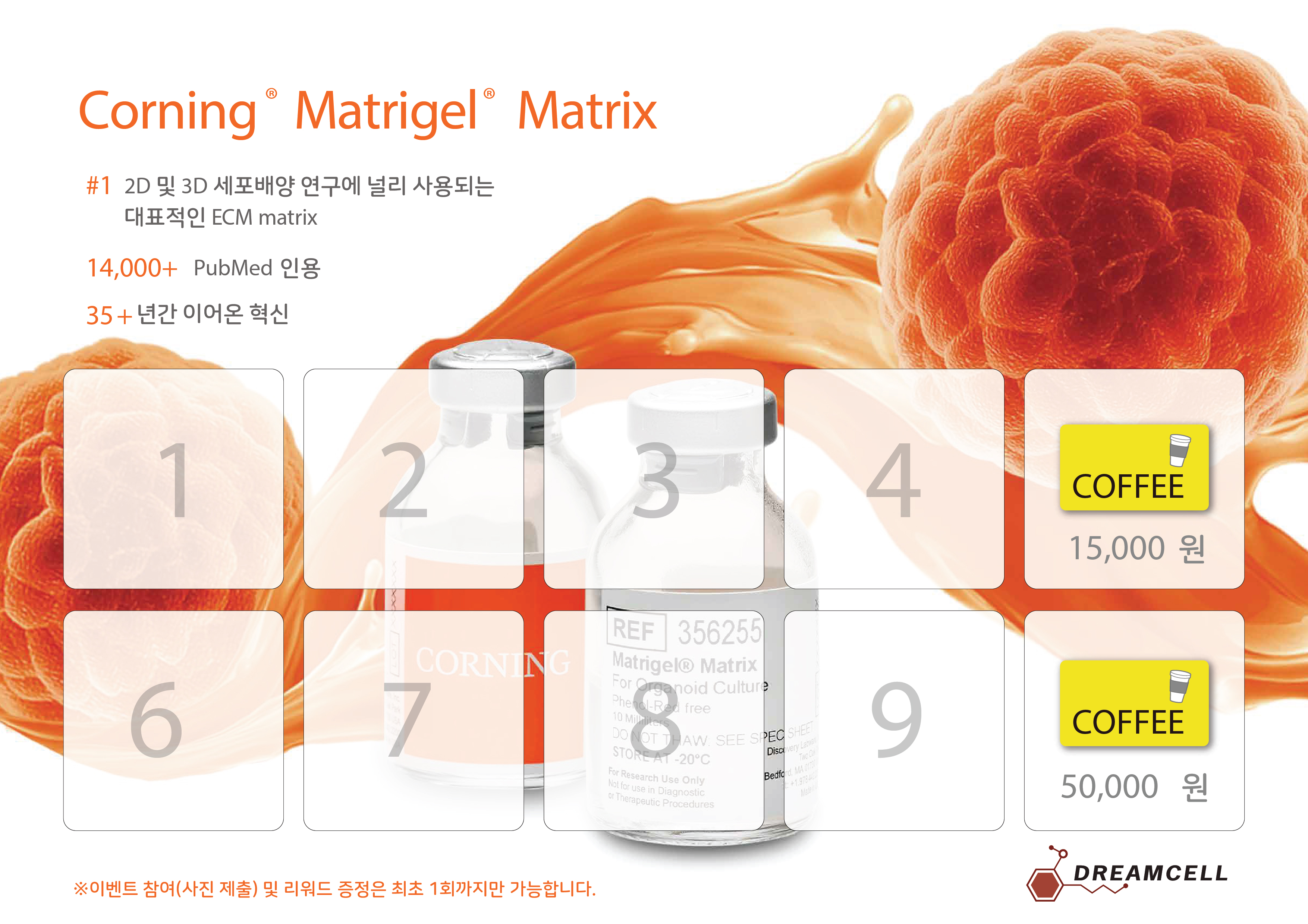 Corning Matrigel 35주년 기념 스티커 5장/10장 모음 시 15000원 및 50000원 상당 커피 쿠폰 리워드 혜택 안내